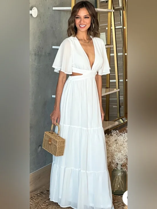 SHEIN White V-Neck Cutout Maxi Dress - Picture 2 of 3